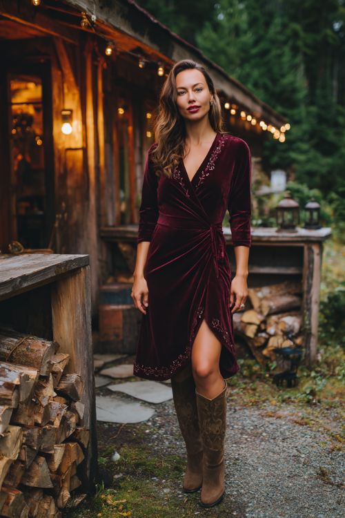 A woman over 30 wears a deep wine velvet wrap dress with embroidered roses along the hem, paired with tall suede boots