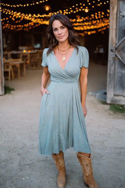 A woman over 30 wears a dusty blue wrap dress with subtle floral prints, styled with tan cowboy boots and layered gold jewelry