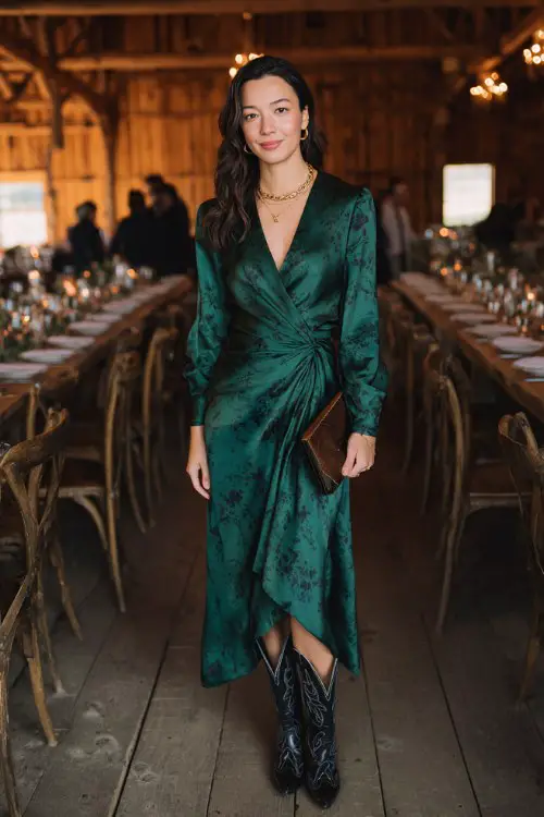 A woman over 30 wears a forest green satin wrap dress with tonal floral prints and a flowing silhouette, paired with pointed-toe cowboy boots, a sleek clutch