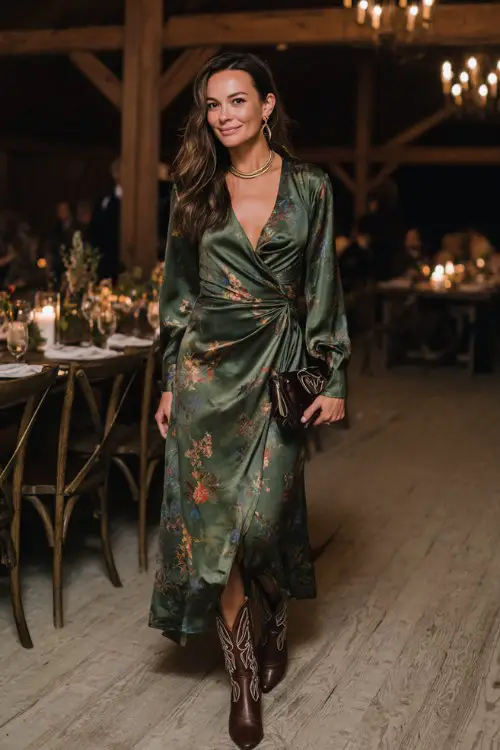 A woman over 30 wears a forest green satin wrap dress with tonal floral prints and a flowing silhouette, paired with pointed-toe cowboy boots, a sleek clutch, and layered gold jewelry