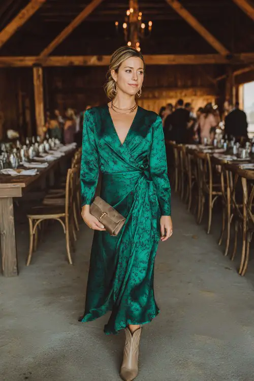 A woman over 30 wears a forest green satin wrap dress with tonal floral prints and a flowing silhouette, paired with pointed-toe cowboy boots, a sleek clutch