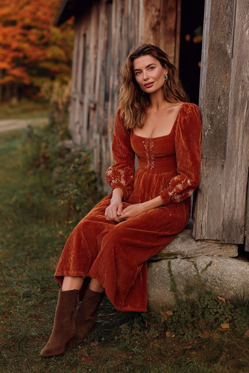 A woman over 30 wears a rust-orange velvet midi dress with puff sleeves, a square neckline, and delicate gold leaf embroidery along the cuffs