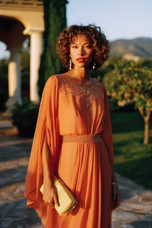 A woman over 30 wears a sunset-orange chiffon gown featuring dramatic cape sleeves, delicate embroidered waist detail, and a sweeping floor-length skirt