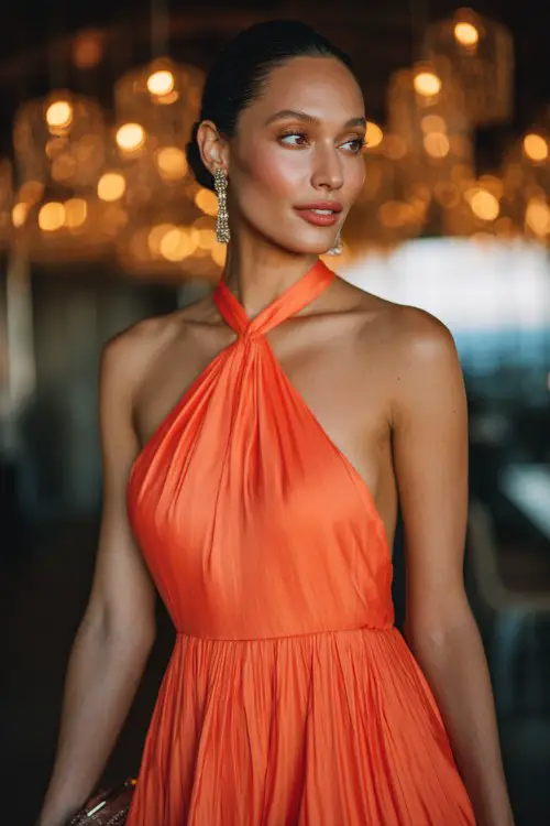 A woman over 30 wears a vivid sunset-orange halter neck dress featuring a pleated satin skirt and open-back design, styled with chandelier earrings