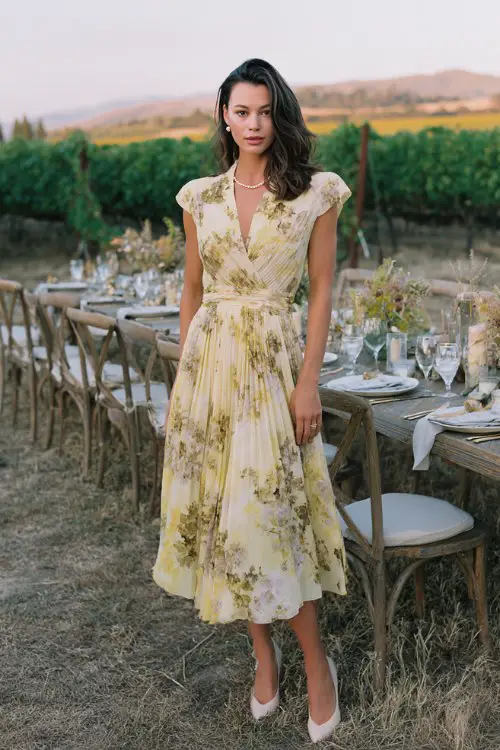 A woman over 30 wears a yellow floral midi dress featuring cap sleeves, a softly pleated skirt, and a modest neckline, styled with pointed-toe pumps and pearl jewelry
