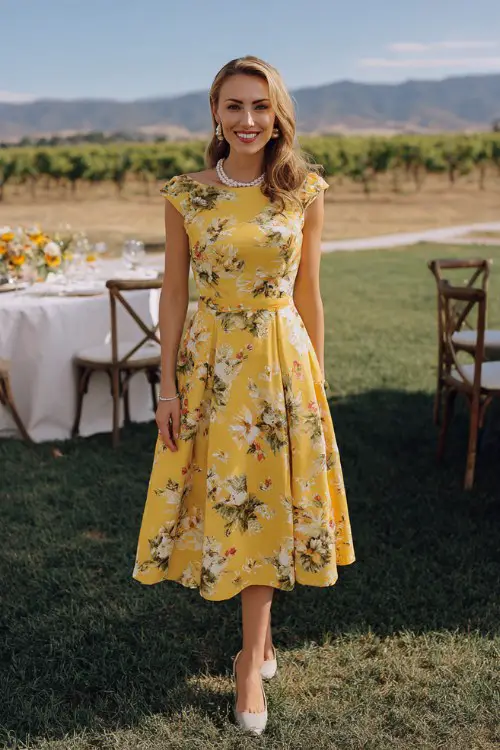 A woman over 30 wears a yellow floral midi dress featuring cap sleeves, a softly pleated skirt, and a modest neckline