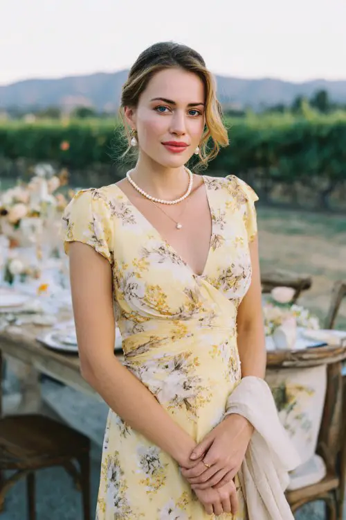 A woman over 30 wears a yellow floral mini dress featuring a modest V-neckline, cap sleeves, and a softly pleated skirt, styled with pearl jewelry and a light shawl