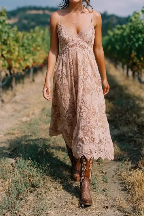A woman over 40 wearing a blush lace maxi dress with vintage-style cowboy boots, walking through a vineyard