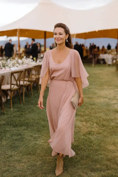 A woman over 40 wearing a blush pink chiffon dress with cape sleeves, classic cowboy boots, a jeweled hairpiece