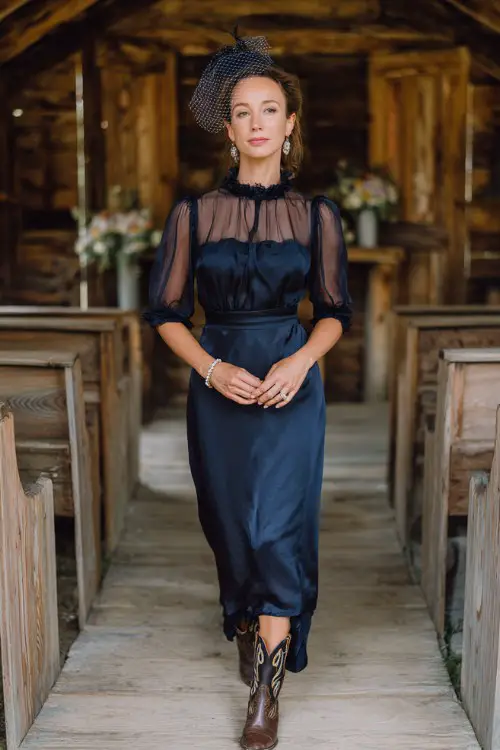 A woman over 40 wearing a navy maxi dress with sheer sleeves and scalloped details, vintage cowboy boots, a delicate fascinator