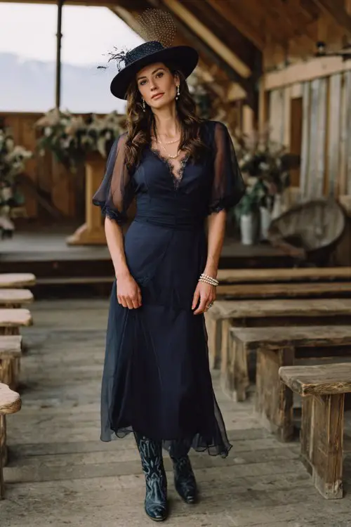A woman over 40 wearing a navy maxi dress with sheer sleeves and scalloped details, vintage cowboy boots