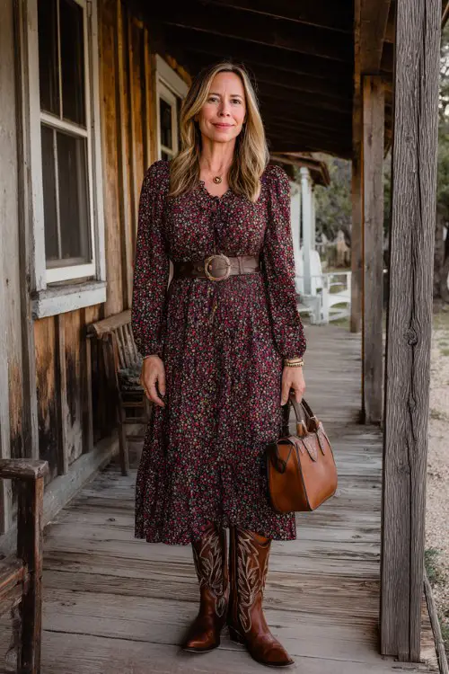 A woman over 40 wears a long-sleeve floral midi dress with a defined waist, paired with classic brown cowboy boots