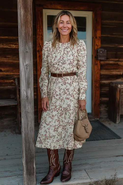 A woman over 40 wears a long-sleeve floral midi dress with a defined waist, paired with classic brown cowboy boots
