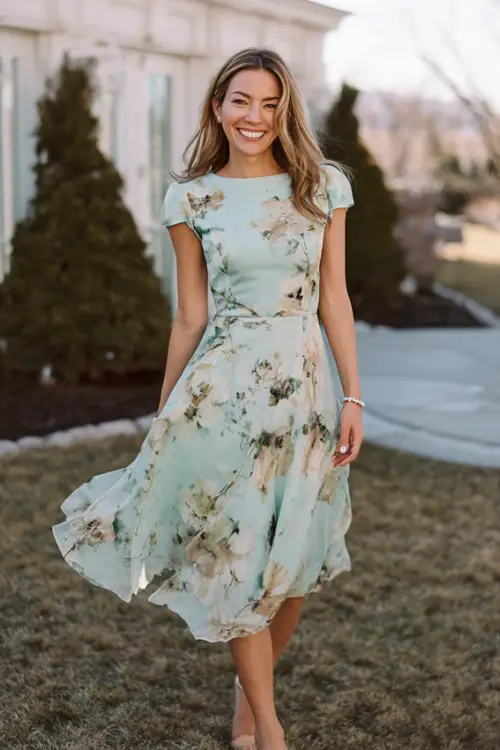A woman over 40 wears a mint floral short dress featuring a modest neckline, short sleeves, and a breezy A-line silhouette