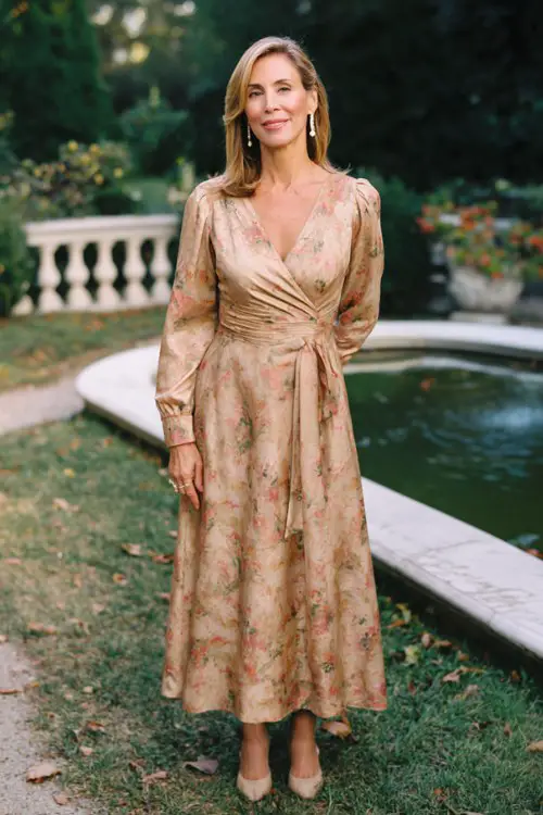 A woman over 40 wears a muted floral A-line midi dress with long sleeves, paired with classic pumps and pearl earrings