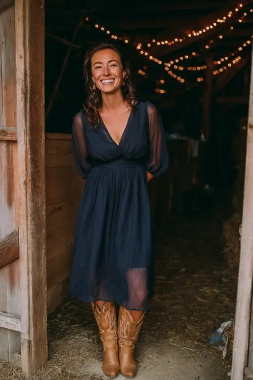 A woman over 40 wears a navy chiffon midi dress with sheer sleeves, paired with tan cowboy boots