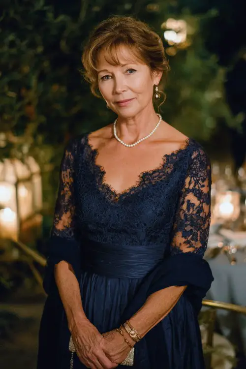 A woman over 40 wears a navy lace A-line dress featuring scalloped lace sleeves and an elegant softly flared skirt, styled with a light shawl and pearl jewelry