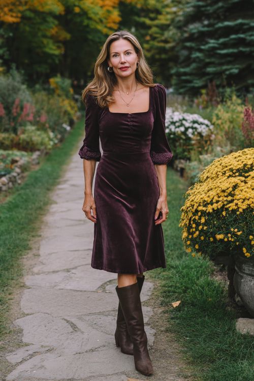A woman over 40 wears a plum velvet fit-and-flare dress with embroidered lace cuffs and a square neckline, paired with dark brown knee-high boots
