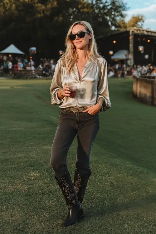 A woman over 40 wears bootcut jeans with a silk blouse tucked in and sleek black cowboy boots