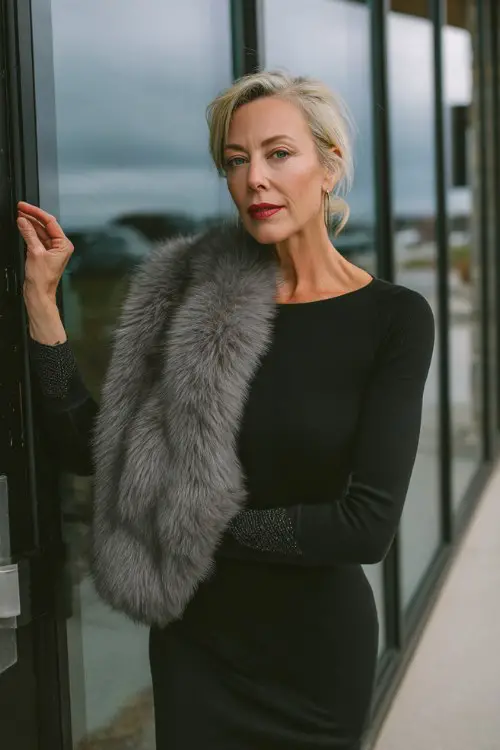 A woman over 50 wears a black long-sleeve sheath dress with embroidered cuffs