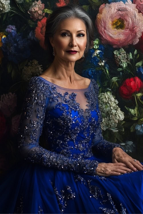 A woman over 50 wears a blue embellished long-sleeve wedding guest dress with floral appliqué