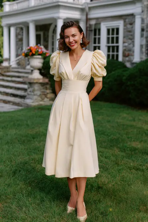 A woman over 50 wears a cream tea-length dress with puffed sleeves and a pleated skirt