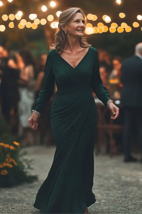 A woman over 50 wears a dark green long-sleeve wedding guest dress with a ruched bodice and flowing skirt