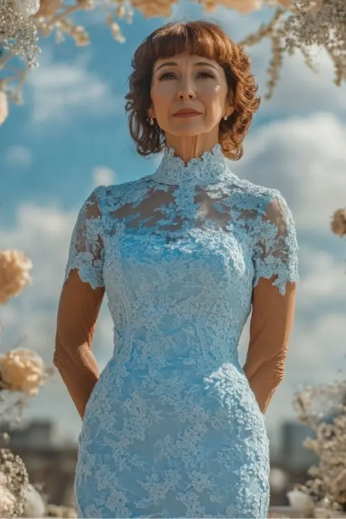 A woman over 50 wears a light blue high-neck lace wedding guest dress with short sleeves
