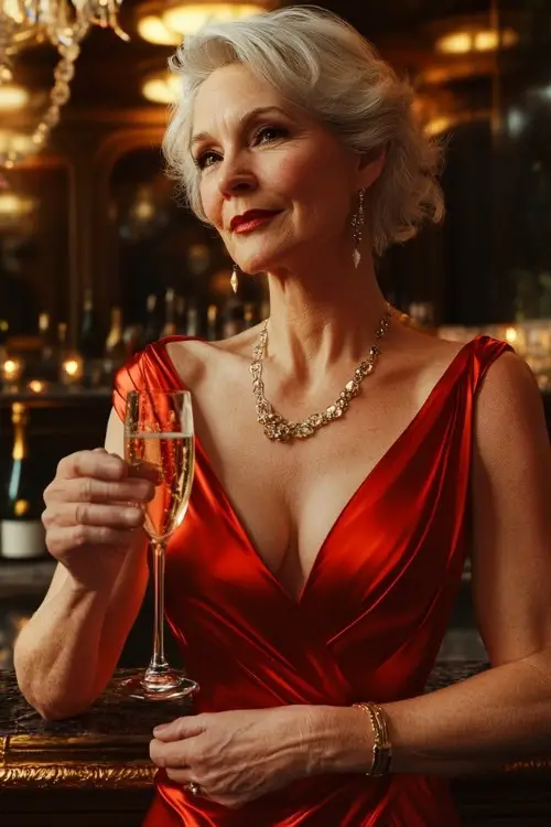 A woman over 50 wears a red satin wedding guest dress with a deep V neckline and gold jewelry