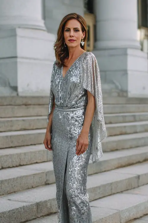 A woman over 50 wears a silver sequined long dress with a sheer cape overlay and matching heels