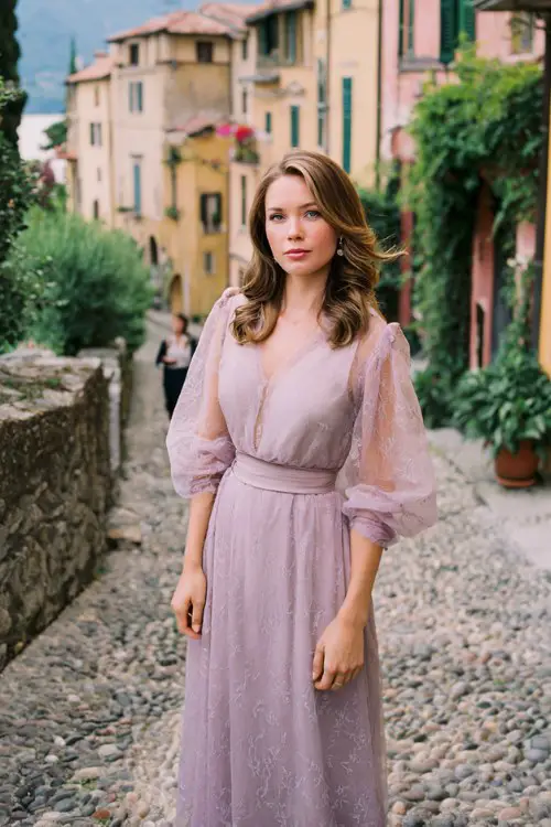 A woman over 50 wears a soft lilac tea-length dress with sheer embroidered long sleeves