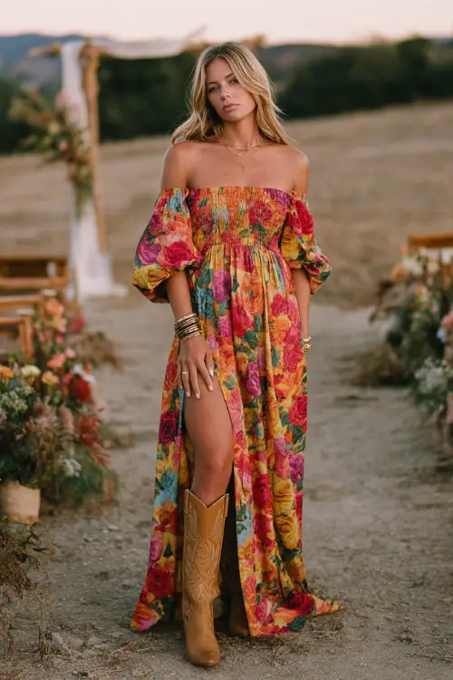 A woman wearing a bold floral off-shoulder maxi dress with a thigh slit, tan cowboy boots, a statement cuff bracelet