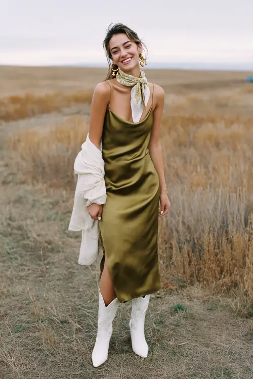A woman wearing an olive green satin slip dress with a draped neckline, white cowboy boots, a silk scarf