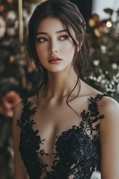 A woman wears a black floral wedding guest dress with a deep V neckline and intricate floral lace details