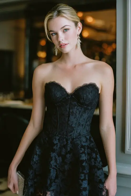 A woman wears a black lace dress featuring a corset-style bodice, delicate floral lace overlay, and a softly flared skater skirt layered with sheer lace panels