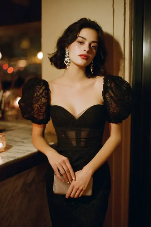 A woman wears a black lace midi dress featuring sheer puff sleeves, a scalloped sweetheart neckline