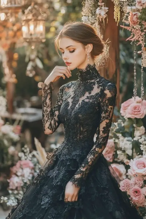 A woman wears a black lace wedding guest dress with long sleeves and a high neckline
