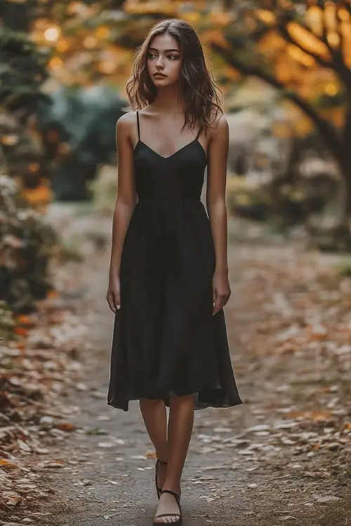A woman wears a black midi wedding guest dress with thin straps and a simple design
