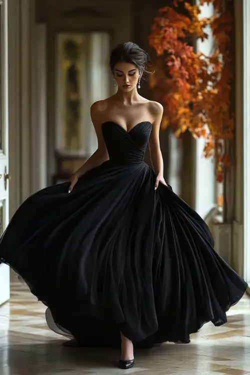 A woman wears a black strapless wedding guest dress with a flowing pleated skirt and black heels