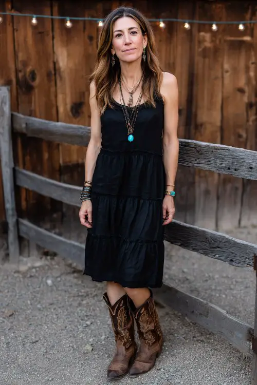 A woman wears a black tiered maxi dress with distressed cowboy boots and a turquoise pendant necklace