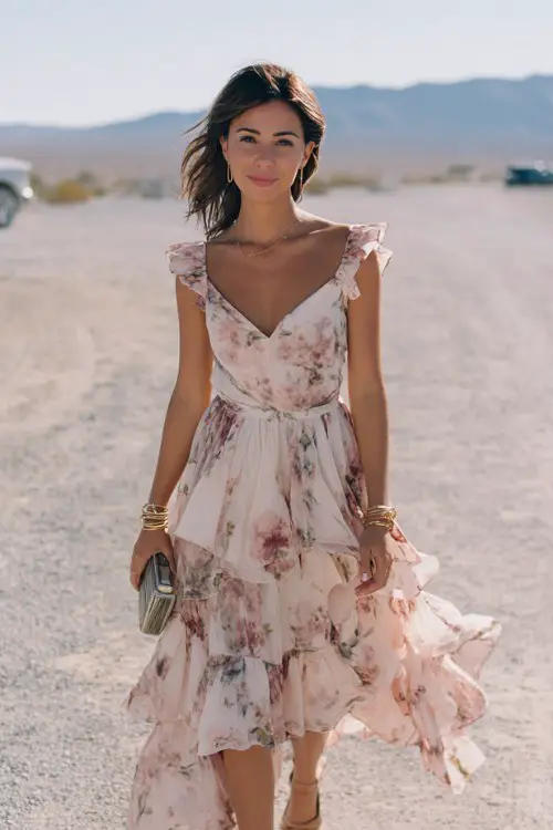 A woman wears a blush floral chiffon dress with ruffled straps, a sweetheart neckline, and a layered ruffle skirt that adds movement