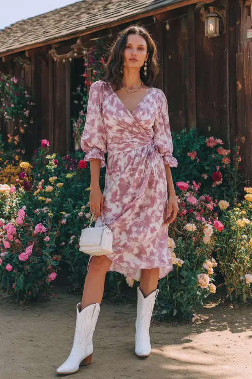 A woman wears a blush pink organza midi dress with soft floral prints and voluminous sleeves, styled with white cowboy boots, a structured mini bag