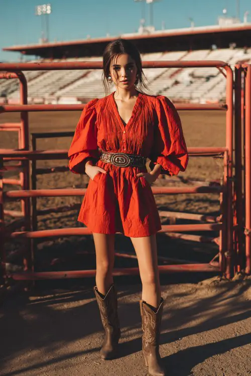A woman wears a bold red mini dress with puff sleeves and a cinched waist, paired with classic cowboy boots and a wide western belt