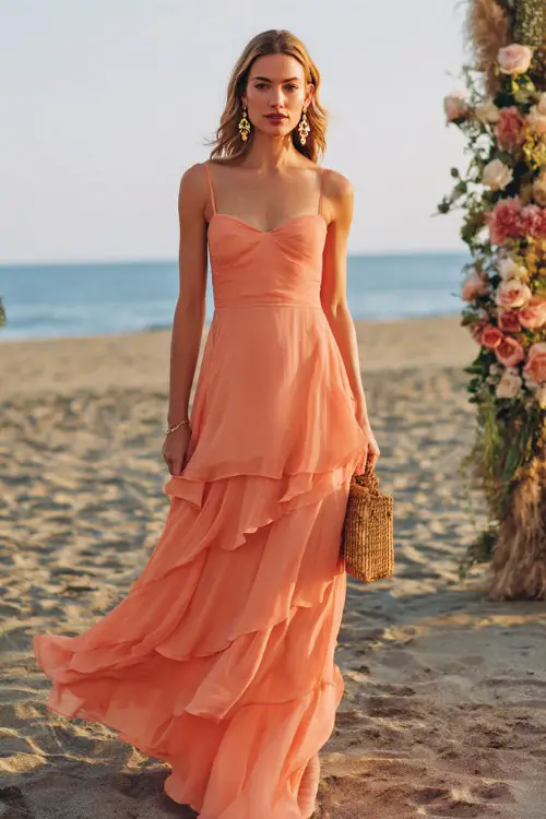 A woman wears a bright coral chiffon maxi dress featuring delicate spaghetti straps, a soft sweetheart neckline, and flowing layered ruffles that move beautifully