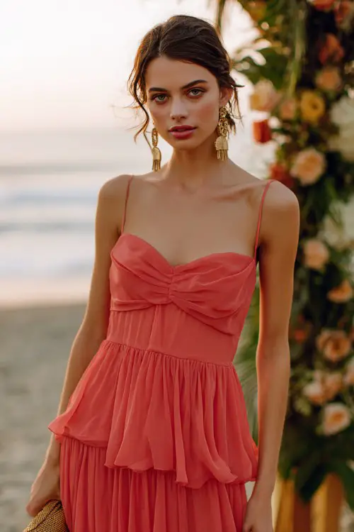 A woman wears a bright coral chiffon maxi dress featuring delicate spaghetti straps, a soft sweetheart neckline, and flowing layered ruffles that move beautifully