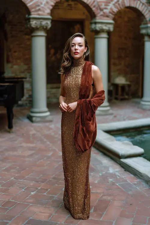 A woman wears a bronze glittering gown with a fitted silhouette, high neckline, and sheer mesh sleeves, paired with a velvet wrap in a muted brick red