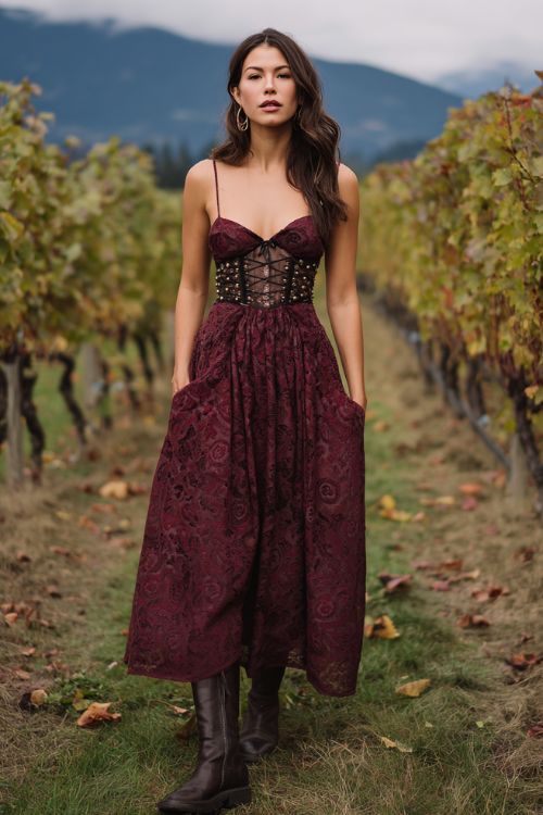 A woman wears a burgundy floral jacquard maxi dress featuring sheer lace panels, a corset-inspired waist, and subtle metallic threading, paired with dark brown leather boots