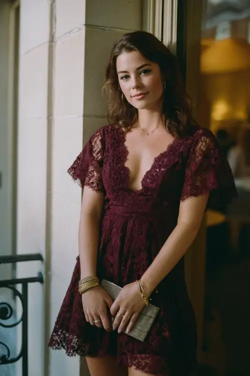 A woman wears a burgundy lace mini dress featuring delicate floral embroidery, short flutter sleeves, and a softly flared skirt