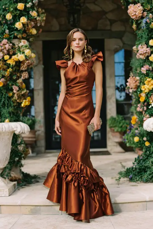 A woman wears a copper satin mermaid gown with structured shoulders, sculpted waistline, and a dramatic ruffled hemline