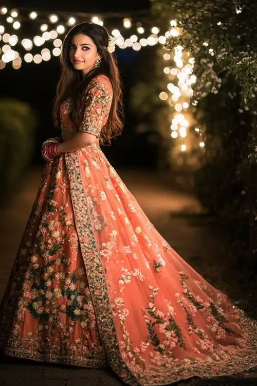 A woman wears a coral floral lehenga as wedding guest dress